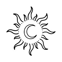sun with crescent moon line art