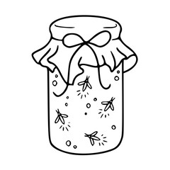 a black and white drawing of a fireflies in glass jar : magical summer night illustration