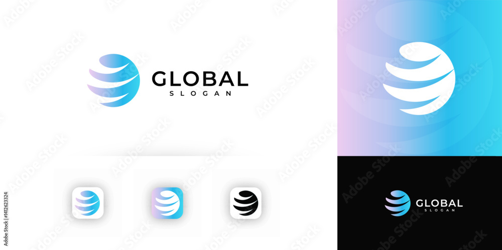 Poster global sphere logo with smooth gradient swirls, perfect for business, tech, or communication brandin