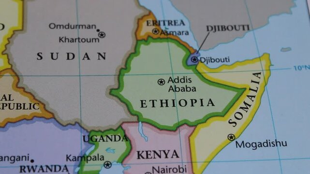 close up of the country of Ethiopia viewed on a wold map as a travel concept. Ethiopia on a map. Political map of Ethiopia 
