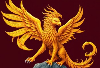 Fototapeta premium Golden winged gryphon, intricate details, mythical creature illustration, wings, mythical beast