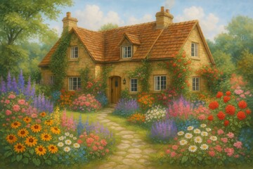 Quaint Cottage Surrounded by Vibrant Flowers in a Sunny Garden During Golden Hour
