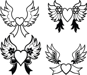 Winged Heart Outline Set – Black and White Heart with Wings Tattoo Style Vectors 