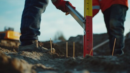 Surveyor using a level to measure construction land. Featuring accuracy and precision