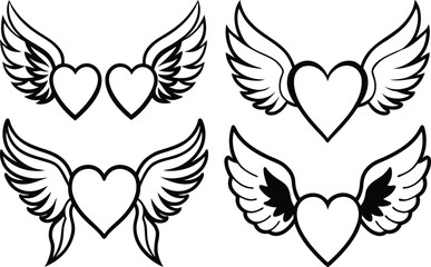 Winged Heart Outline Set – Black and White Heart with Wings Tattoo Style Vectors 