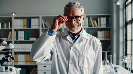 Smiling scientist adjusting glasses in laboratory - Powered by Adobe