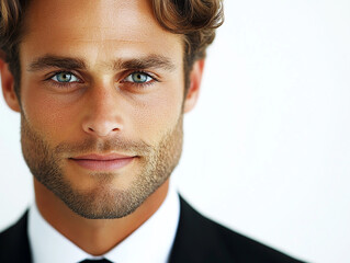 Business man on white background, smiling man in suit portrait close up