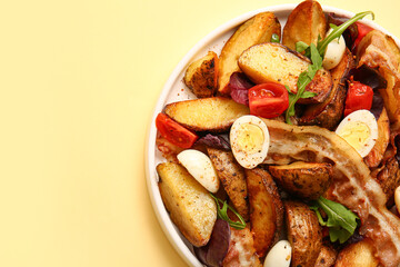 Plate of tasty potato salad with eggs, tomatoes and bacon on beige background, top view