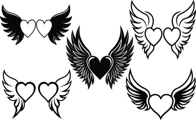 Winged Heart Outline Set – Black and White Heart with Wings Tattoo Style Vectors 