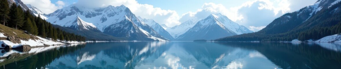 Fototapeta premium Serene alpine lake, snow capped peaks mirroring in calm water , fresh, clouds
