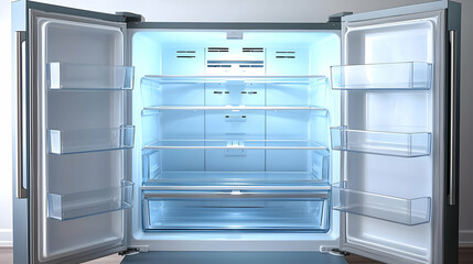 Empty Modern Refrigerator Interior With Light Blue Lighting