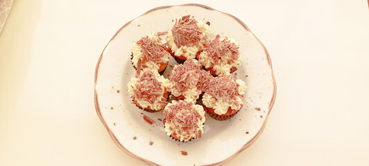 Tasty mini tart with various fruits. Sweet summer dessert. Tart with cream and fruit.