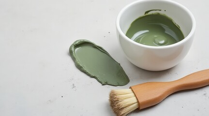 A bowl of green paint with a brush and a paint smear on a light surface, showcasing tools for creative projects.