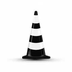 Black and White Striped Traffic Cone on White Background