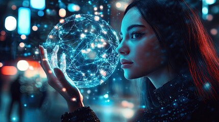 Woman Holds Glowing Orb: Futuristic Vision of Connectivity and Innovation