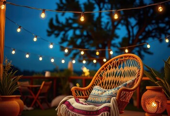 Bohemian armchair under twinkling string lights, inviting outdoor relaxation,  yoga,  home decor