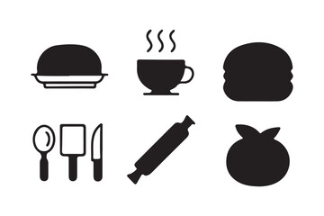 Stylish and minimalist food and drink icon set including coffee, pizza, utensils, fruits, and beverages in clean vector lines.