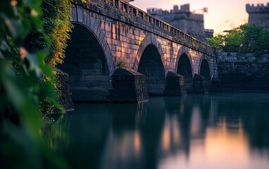 Fototapeta premium The majestic stone bridge Nihonbashi Bridge at Chanoyu Palace in Tokyo, Japan, with the castle and green gardens in the background. This view was taken at sunrise with soft focus on the water reflecti