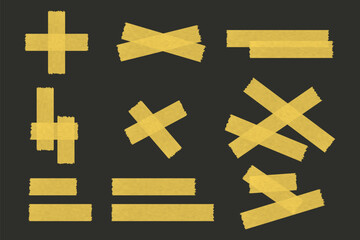 Obraz premium Yellow adhesive tape pieces in various crossed and straight arrangements on a dark background, realistic texture, isolated for design or decoration use.