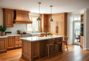 Sleek French oak kitchen, soapstone counters, natural wood accents, room, tones