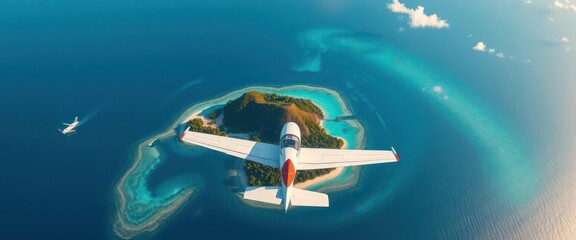 Fototapeta premium A small plane approaches a vibrant tropical island, seen from above, bird's eye view, island