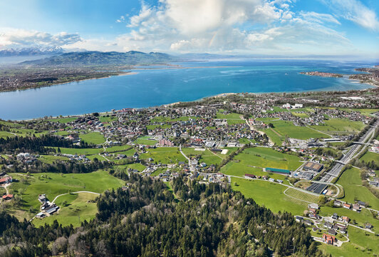 aerial view of the city of Lochau at Lake Constance with the highway entrance to Pfaender Tunnel in Vorarlberg, Austria