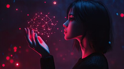Elegant woman holding a glowing data structure in a futuristic environment