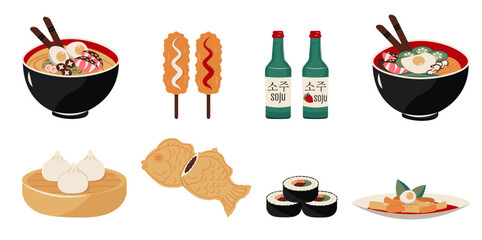 Flat style illustration of various traditional Korean foods, including ramen, corn dog, kimbap, dumpling, taiyaki, tteokbokki, and soju bottles, ideal for menu design, culinary projects