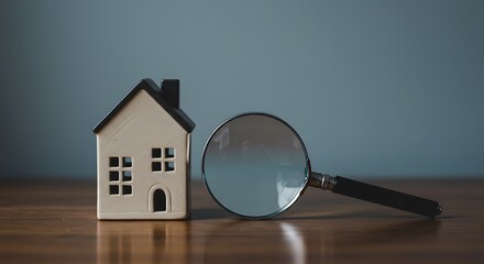 Miniature house and magnifying glass - property investigation concept - real estate website or blog.