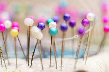 Tailor's pins for pinning fabric when cutting and sewing. Sewing industry of the textile industry.