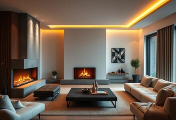Sleek minimalist living room with contemporary fireplace, warm lighting, room, cozy