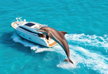 Playful dolphin leaps near sleek yacht in azure sea, joyful, clear