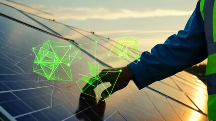 Engineer Inspecting Solar Panel Technology with Digital Interface Overlay - Renewable Energy and Innovation in Sustainable Power - Powered by Adobe