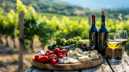Mediterranean diet spread on rustic wooden table with fresh vegetables, olive oil, and soft focus vineyard background, healthy lifestyle and nutritious eating concept.