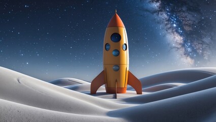 Naklejka premium A colorful rocket standing on soft sandy dunes beneath a starlit sky and the Milky Way galaxy.