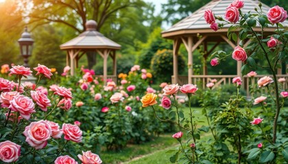 Obraz premium Gentle spring breeze sweeps across a lush rose garden, blooming roses near a gazebo, vibrant, flowers