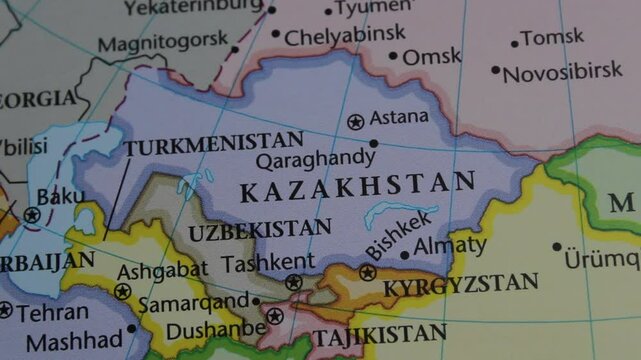 close up of the country of Kazakhstan viewed on a wold map as a travel concept. Kazakhstan on a map. Political map of Kazakhstan 
