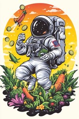 Fototapeta premium Astronaut harvests vegetables in garden with rocket launch, against sunset sky