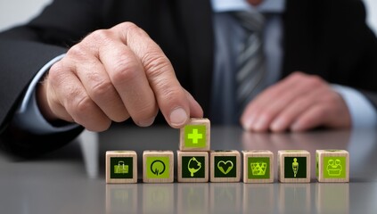 The selection of a wooden block with a healthcare cross by a hand represents superior feedback ratings, enthusiastic customer endorsements, thorough mental health assessments, initiatives promoting