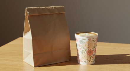 Coffee cup and takeout bag on wooden table  
