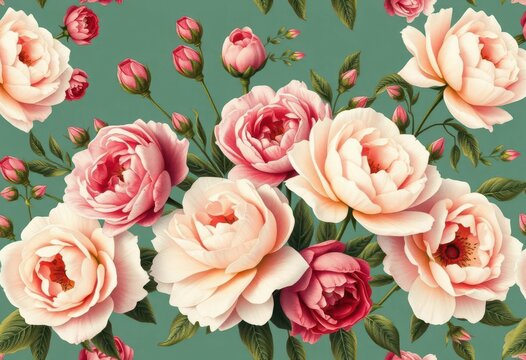 Elegant vintage floral wallpaper featuring blooming roses and peonies in a seamless pattern, print, shabby chic