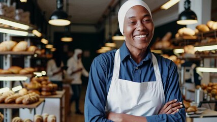 Smiling baker in apron stands confidently in bakery. Medium close-up angle captures warm, inviting atmosphere. Ideal for a promotional video.