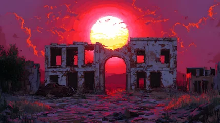 Selbstklebende Fototapeten Pixel Art Depiction of an Old Building Ruins with a Dramatic Red Sunset Landscape © Emons