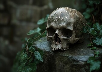 Melancholic skull rests amidst lush greenery, veiled in a veil of raindrops