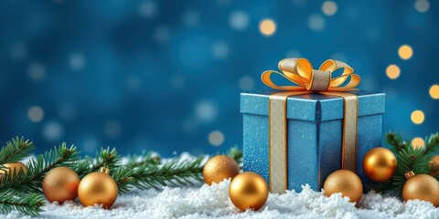 Luxury blue Christmas card template Glittering gift box, golden balls, fir branches Stock image, green, royalty free