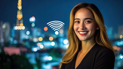 Naklejka premium Connected world: Smiling woman with city view and wifi signal overlay