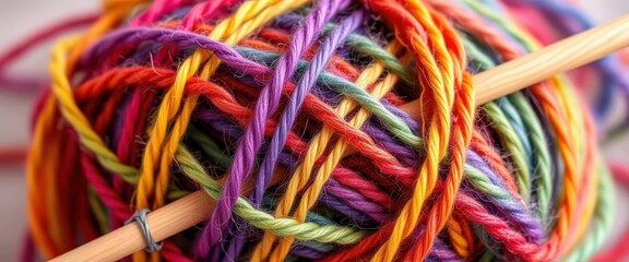 Close-up of colorful knitting yarn wound around wooden needles, wool, warm