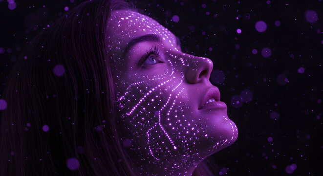 Woman with glowing dots on skin, profile view. Digital face scanning technology concept for data analysis. Futuristic face augmentation for beauty and science research.