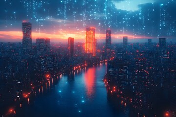 Obraz premium abstract city skyline with technology data flow overlay, blue tones