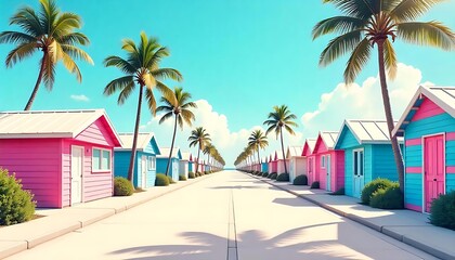 Obraz premium Miami beach huts on both sides of road, Summer Vibes retro illustration. Vintage pink and blue colors, buildings, California palms, 80s style, created with generative ai
